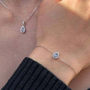 Pulsera de plata de ley 925 con circonita en gota color aguamarina y orla blanca