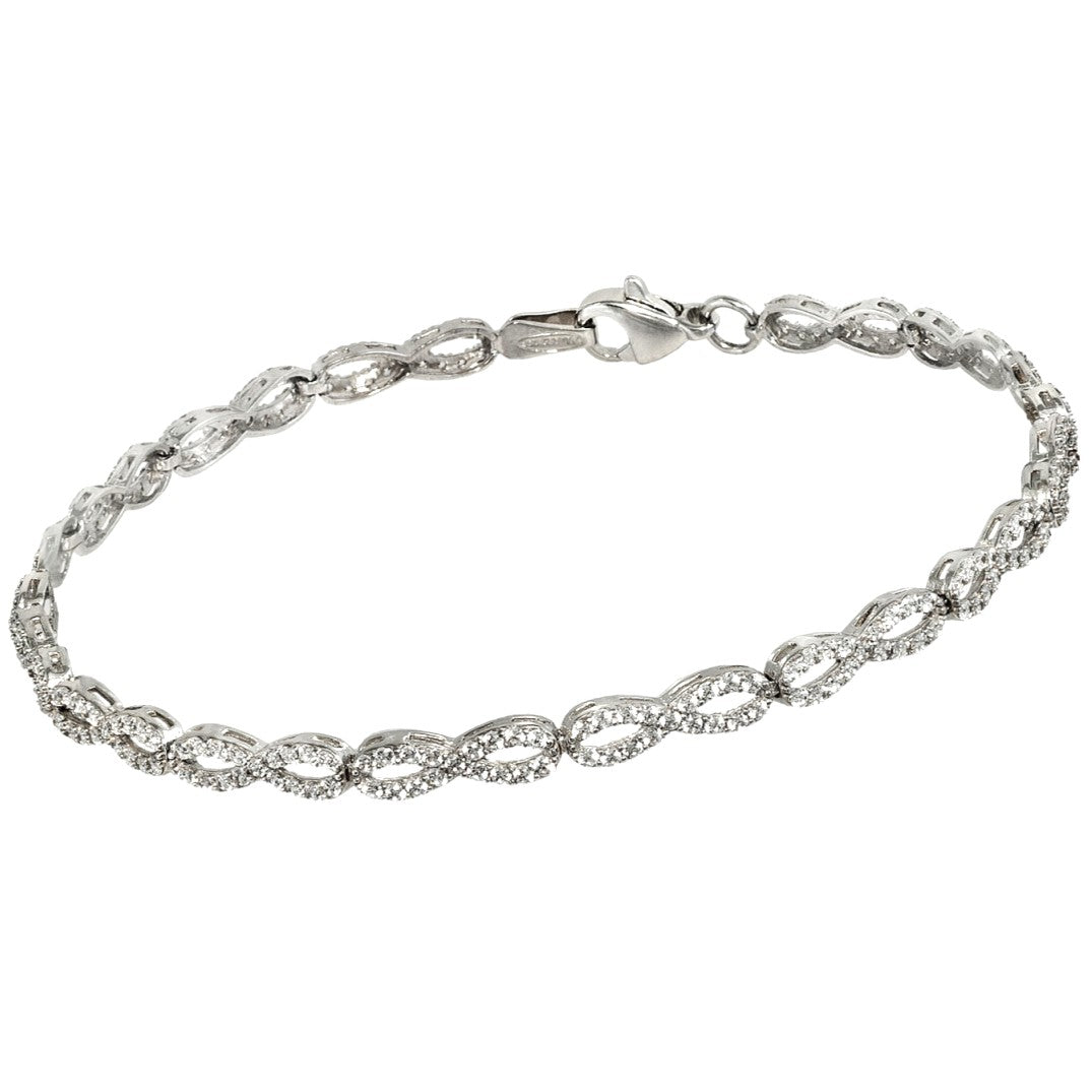 Pulsera de oro blanco 18k de eslabones infinito con circonitas en pavé, 3 mm de ancho y 18 cm de largo