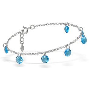 Pulsera de plata fina con circonitas redondas azules colgando