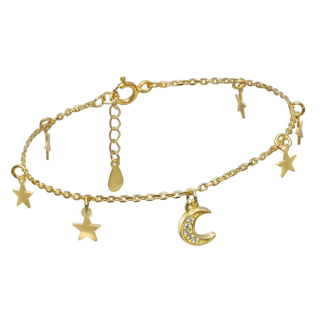 Pulsera de plata fina chapada en oro con colgantes en forma de luna y estrellas