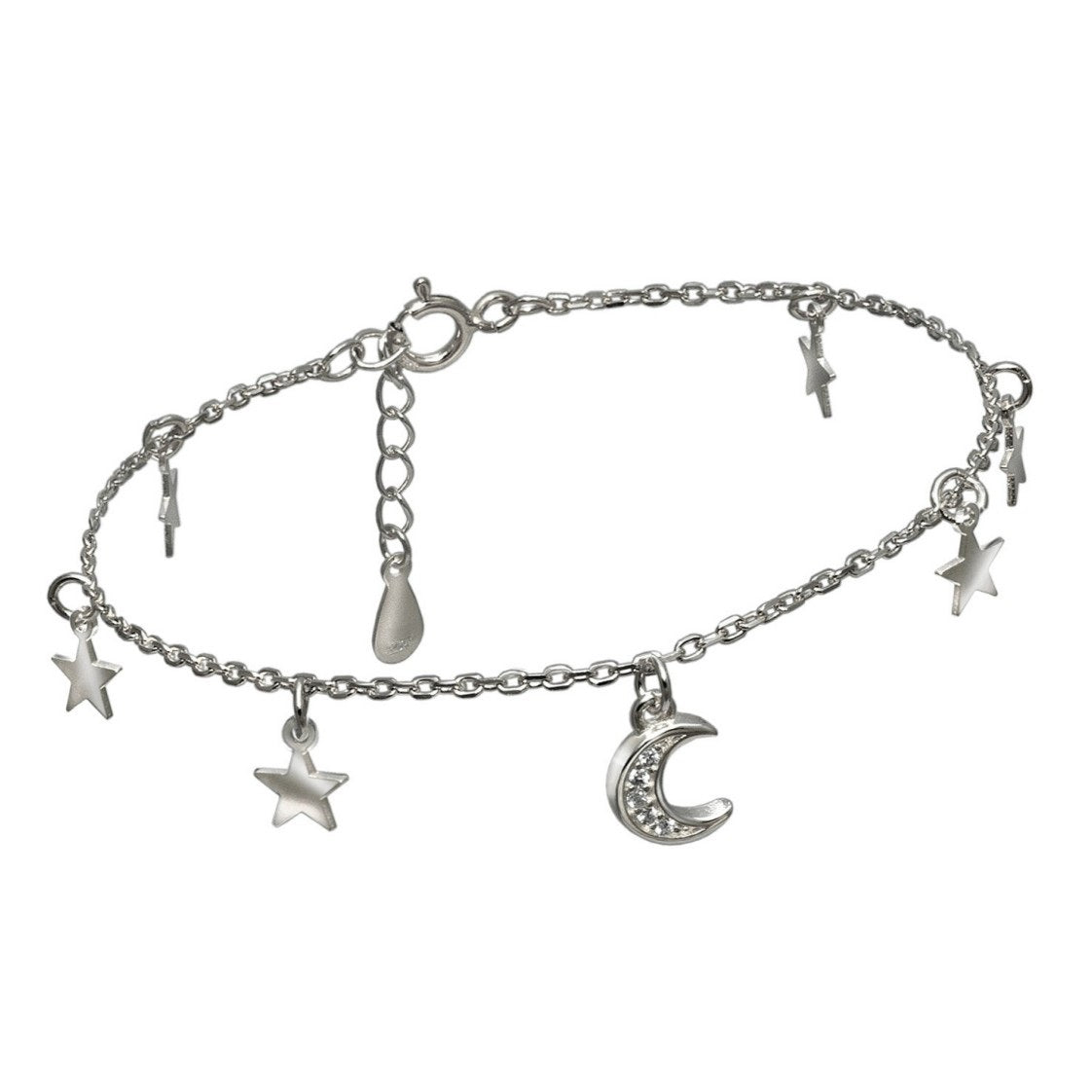 Pulsera de plata fina con estrellas y luna colgando