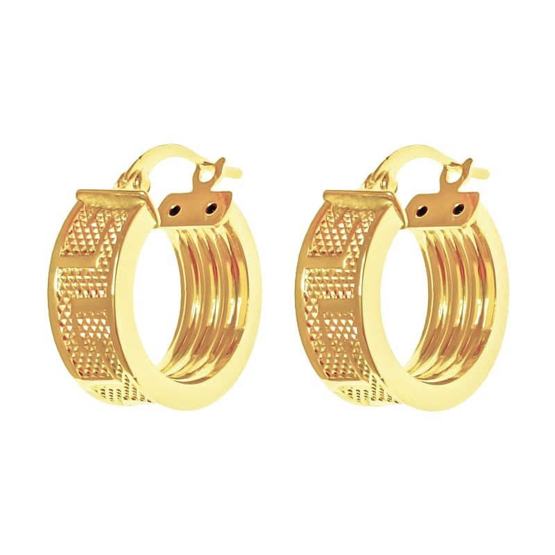 Par de aros de oro de ley 18k con dibujo de greca 6mm de anchos