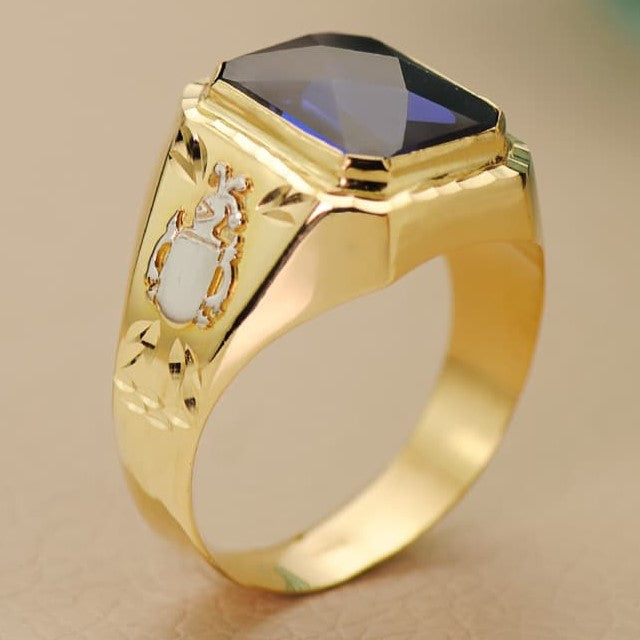 Sello de oro de ley 18k cuadrado con piedra zafiro