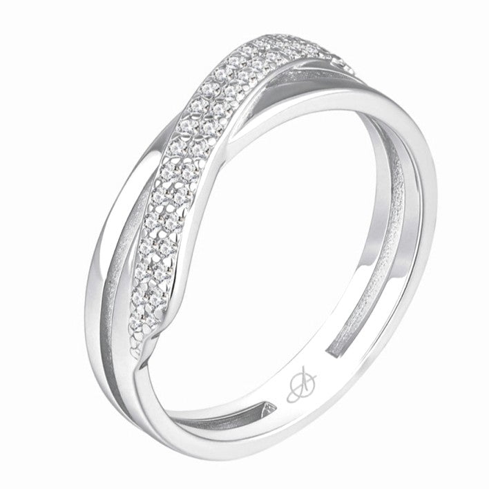 Anillo de Plata de Ley con circonitas blancas en dos tiras cruzadas