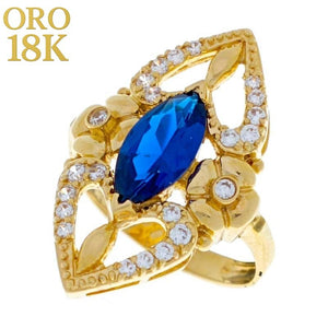 Anillo oro 18k tipo lanzadera piedra azul oscuro