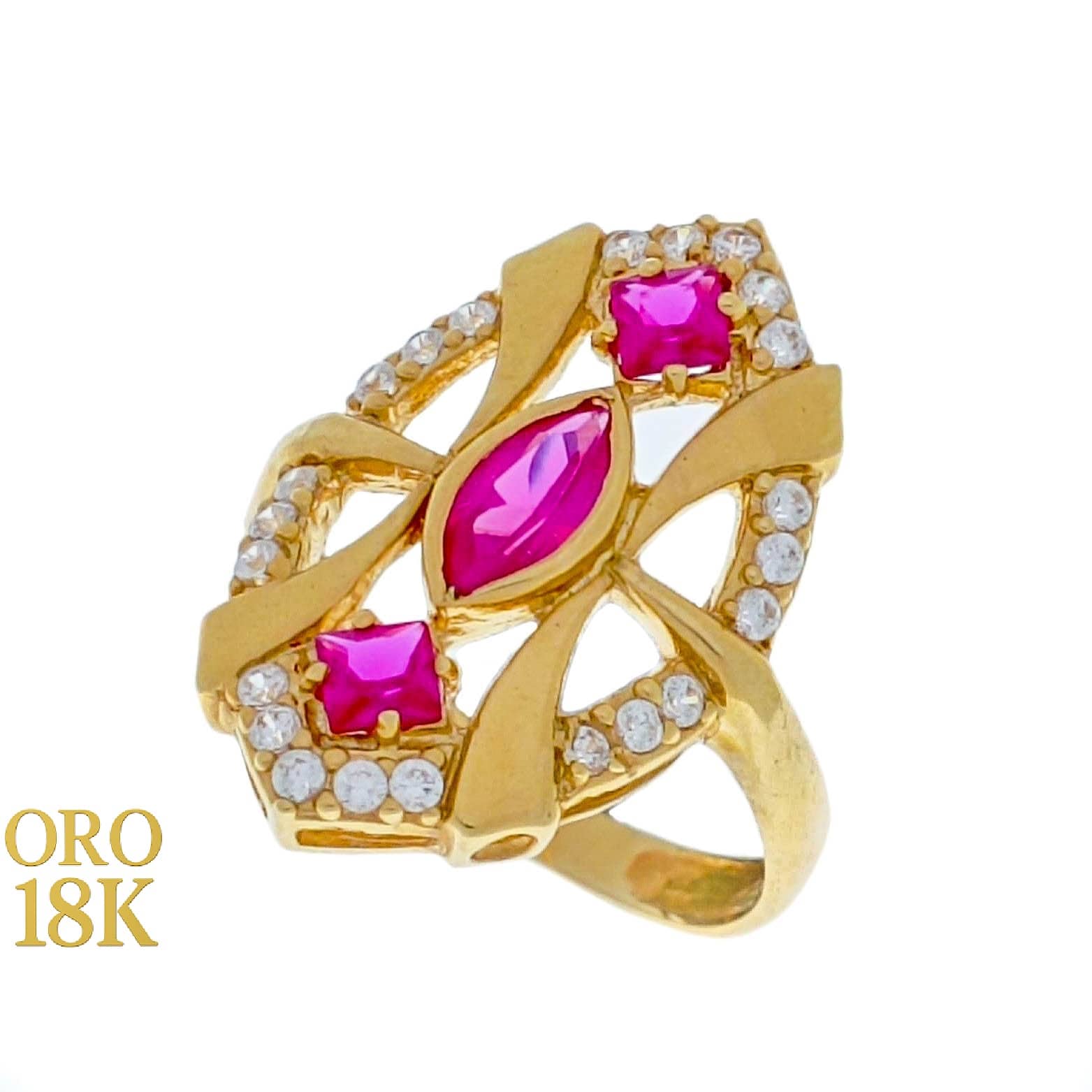 Anillo oro 18k tipo lanzadera tres piedras fucsia