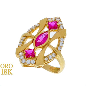 Anillo oro 18k tipo lanzadera tres piedras fucsia