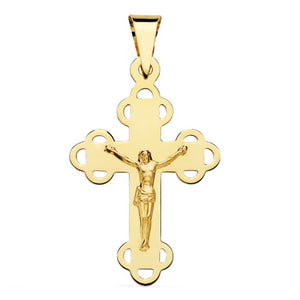 18K CRUZ ORO AMARILLO PLANA ANCHA CON CRISTO