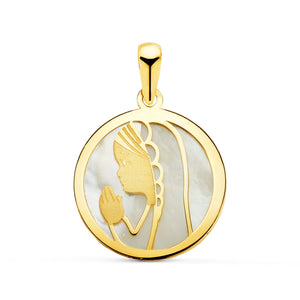 18K MEDALLA ORO AMARILLO VIRGEN NIÑA NACAR REDONDA 17 MM