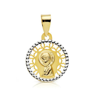 18K MEDALLA VIRGEN NIÑA BICOLOR CON BORDE EN ORO BLANCO
