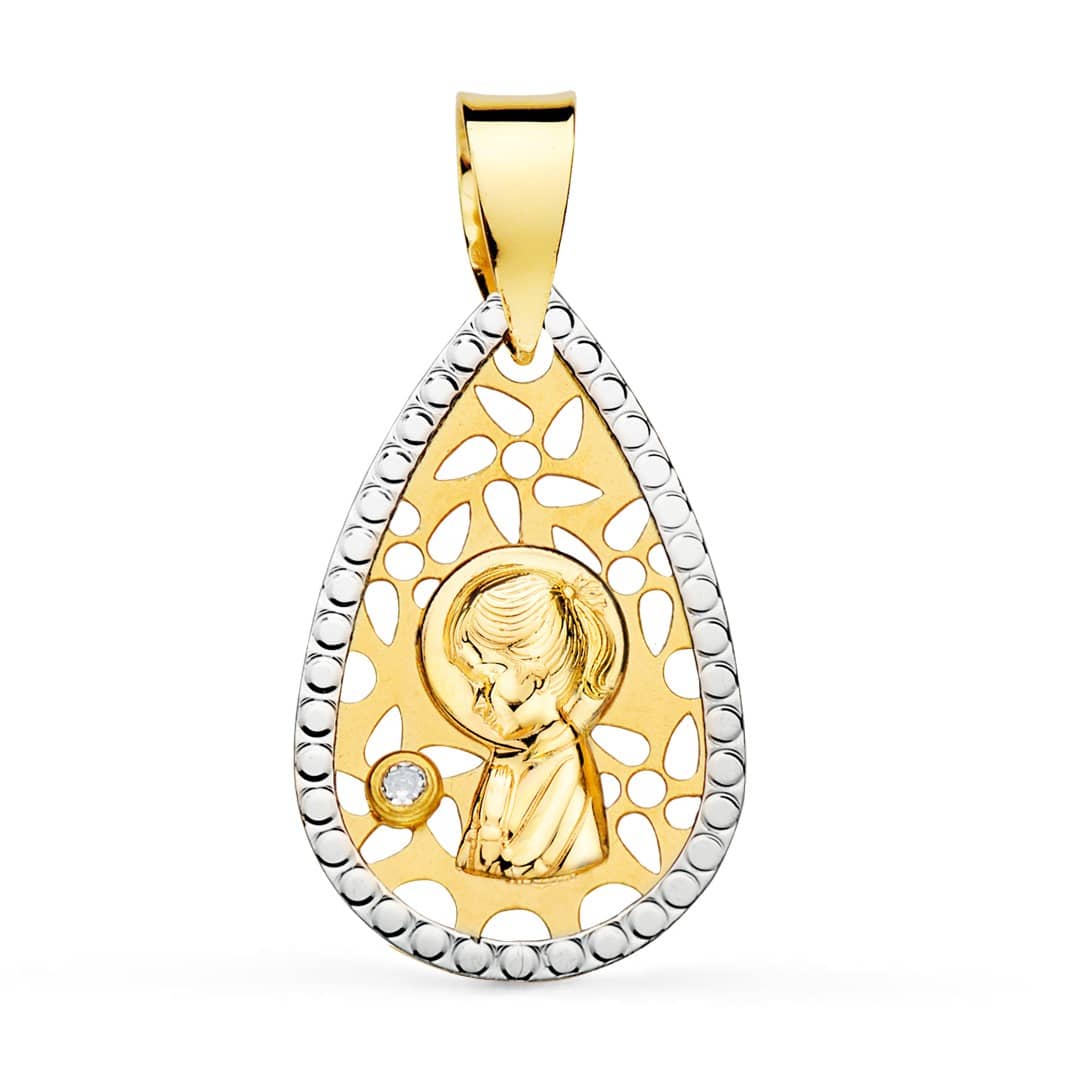 18K MEDALLA ORO BICOLOR VIRGEN NIÑA CALADA BORDES TALLADOS 19X12 MM