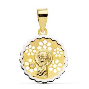 18K MEDALLA VIRGEN NIÑA BICOLOR 15 MM CIRCONITA