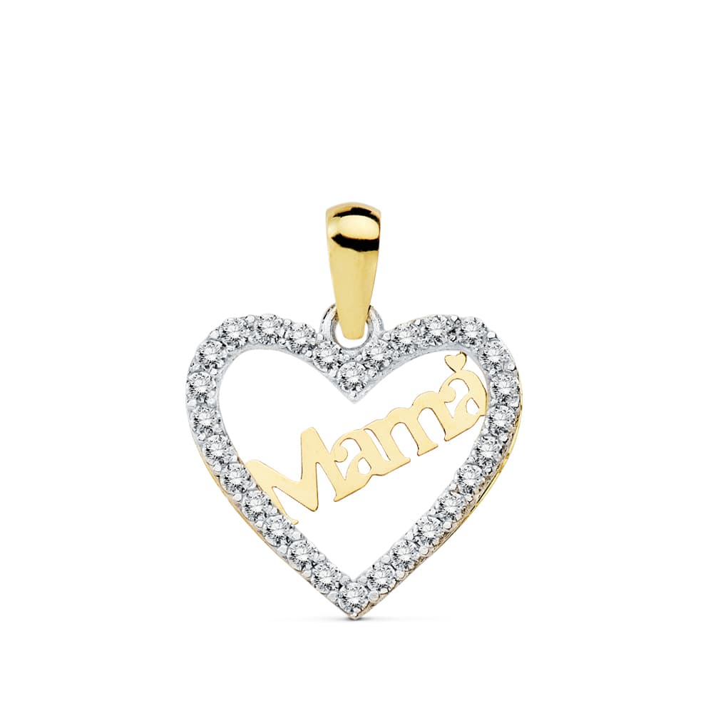 Colgante de oro de ley 18k corazón mamá circonitas
