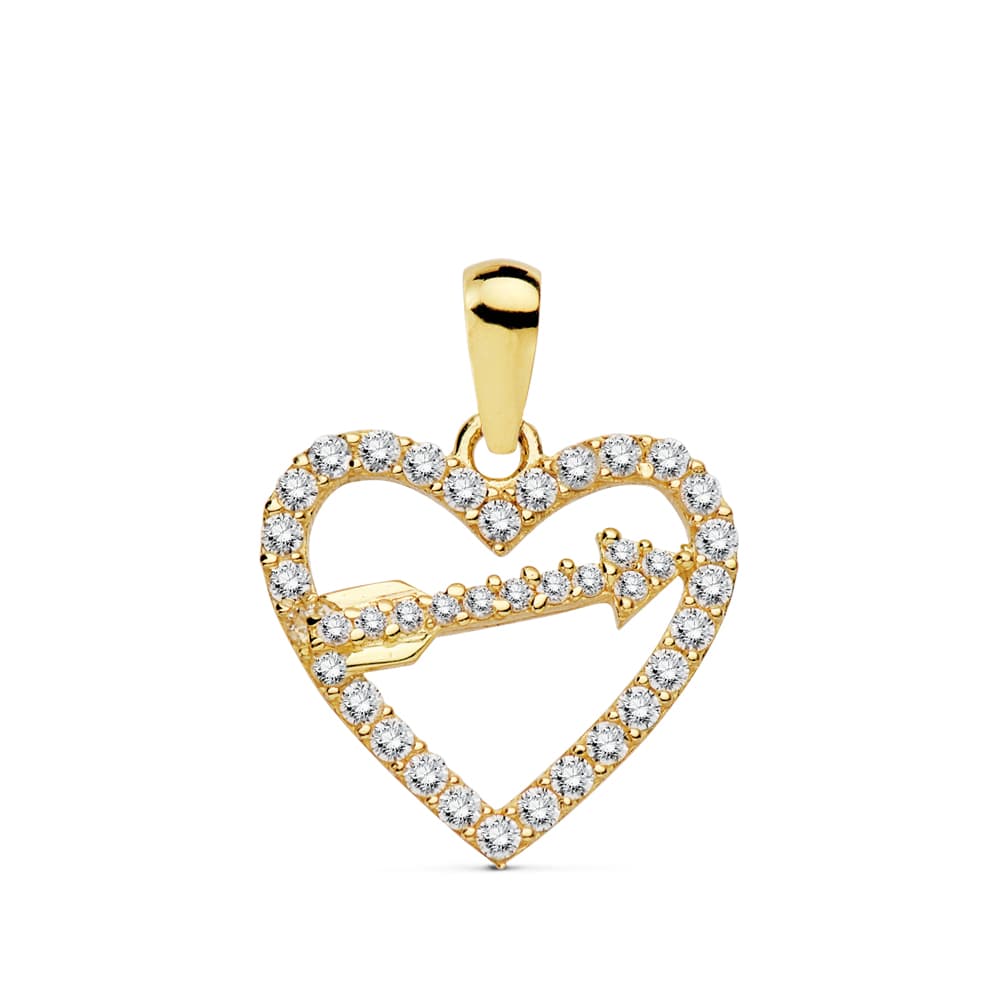 Colgante de oro de ley 18k corazón con flecha circonitas