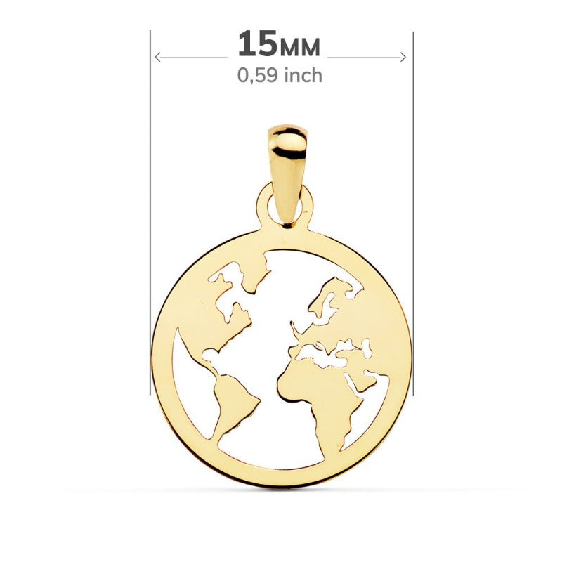 Colgante de oro de primera ley 18k en forma de mapa del mundo medidas