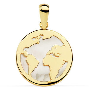 Colgante de oro de primera ley 18k en forma de mapamundi con fondo de nácar 