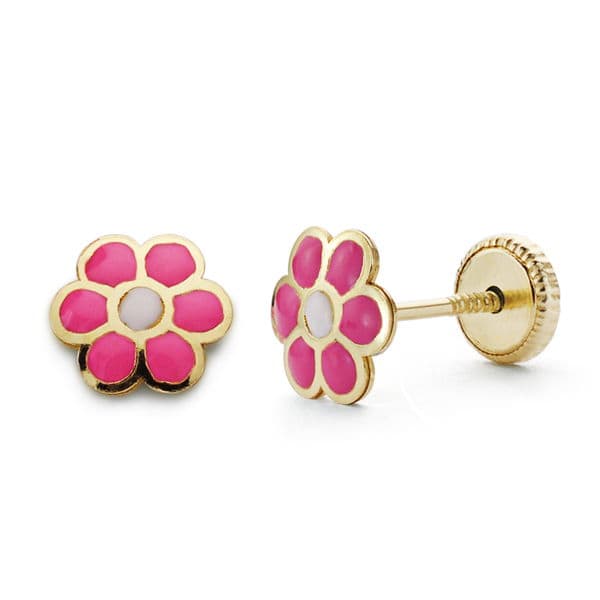 Par de pendientes pequeños de oro de ley 18k flor con esmalte rosa
