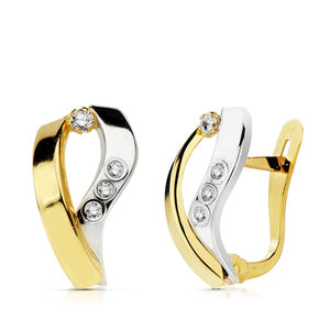 Par de pendientes de oro de ley 18k cierre catalán, con bandas bicolor y circonitas, miden 15x8mm