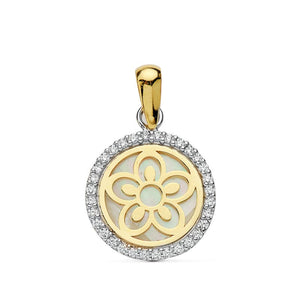 Colgante de oro de ley 18k flor con circonitas y nácar