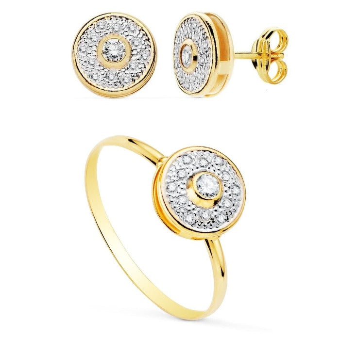 18K JUEGO ORO BICOLOR MOTIVO REDONDO CON CIRCONITAS 8 MM ANCHO CUERPO ANILLO 1.2 MM