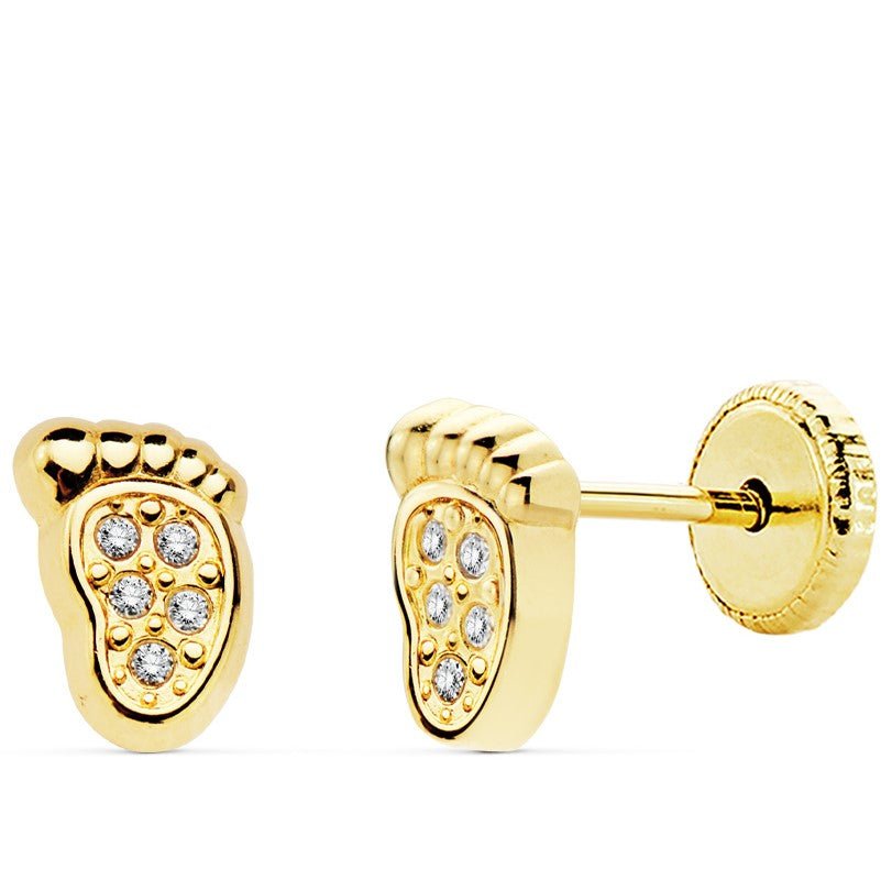 Par de pendientes de oro de ley 18k en forma de pies con circonitas
