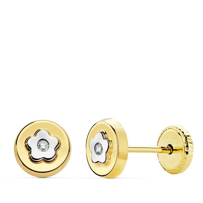 Par de pendientes pequeños de oro de ley 18k en forma de flor