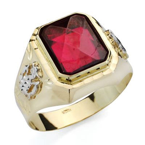 Sello de oro de ley 18k cuadrado con piedra rubí rojo.