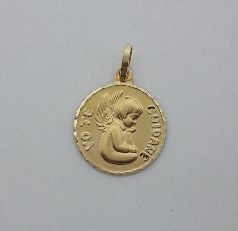 Medalla bebé oro 18kts ángel de la guarda con la inscripción "yo te cuidaré"