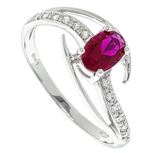 Anillo fino de oro blanco de ley 18k con piedra fucsia