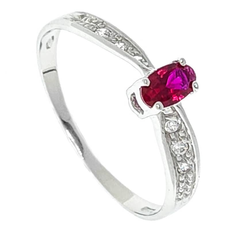Anillo oro blanco de ley 18k con piedra fucsia y circonitas