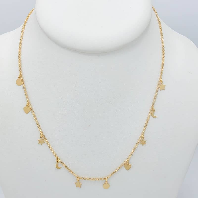 Gargantilla de oro de ley 18k para mujer con charms colgando