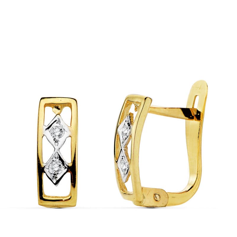 Pendientes de oro bicolor 18k de niña para comunión con rombos.