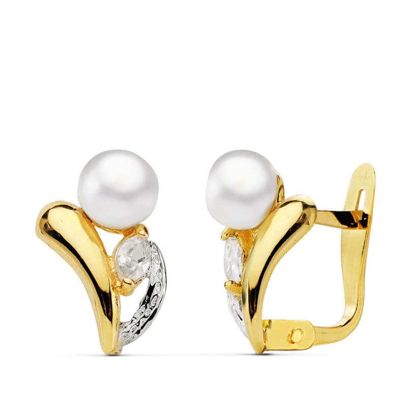 Pendientes de oro bicolor 18k de niña para comunión con perlas y circonitas.
