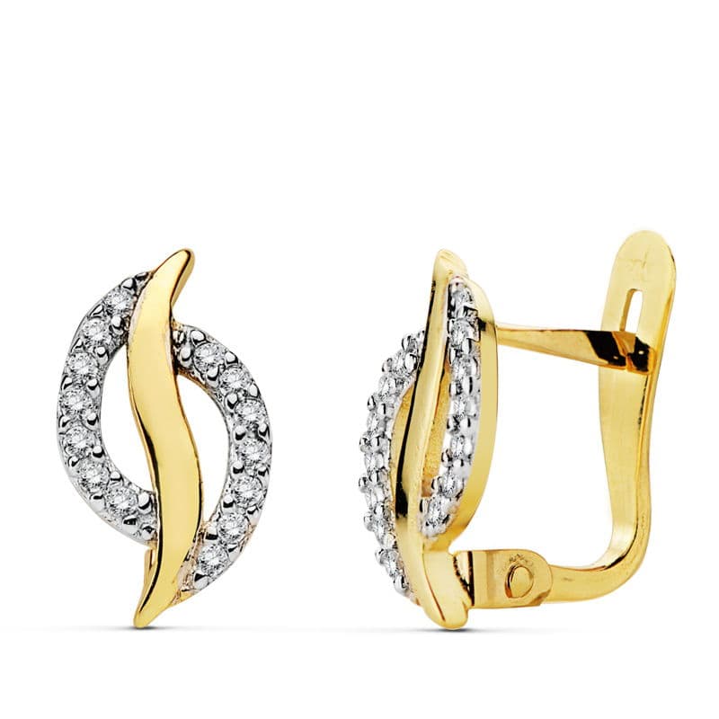 Pendientes de oro bicolor 18k de niña para comunión con circonitas.