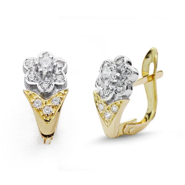 Pendientes de oro bicolor 18k de niña para comunión con flor.