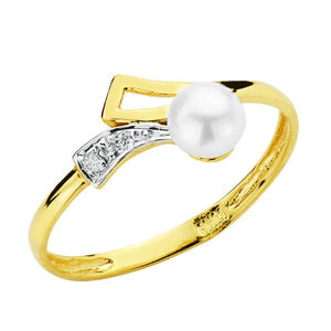 Anillo de oro de ley 18k bicolor para niña de comunión con circonitas y perla de 4mm. Todos se envían con certificado de autenticidad.