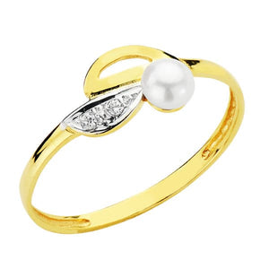 Anillo de oro de ley 18k bicolor para niña de comunión con perla y hoja con circonitas. El motivo de la hoja y la perla mide 3,5mm. Todos se envían con certificado de autenticidad.