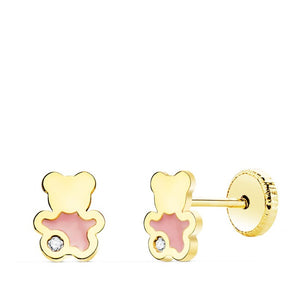 Par de pendientes de oro de ley 18k en forma de oso con esmalte rosa