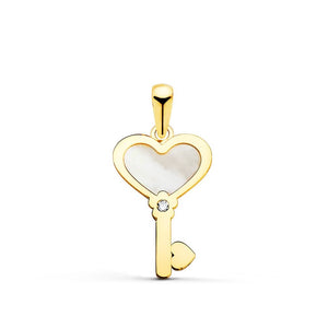 Colgante MINI de oro de primera ley 18k llave corazón con nácar