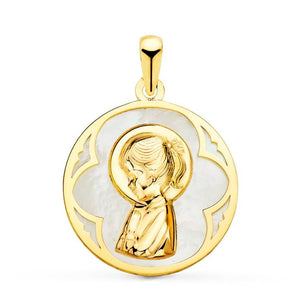 18K MEDALLA ORO AMARILLO REDONDA CON NACAR BLANCO Y VIRGEN NIÑA. 18 MM