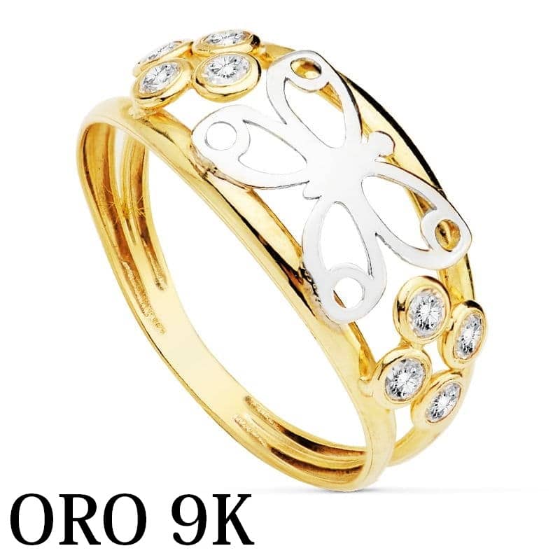 Oro 9k anillo mariposa bicolor