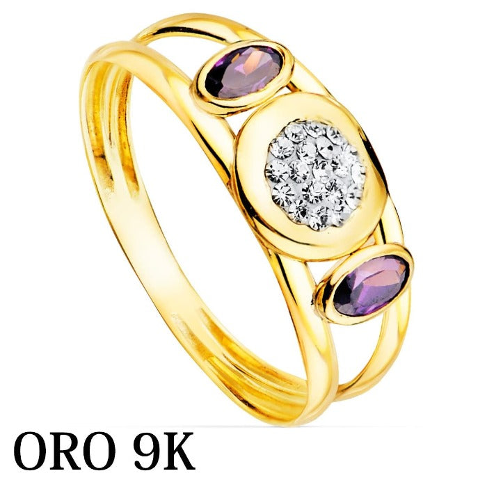 Anillo de oro de 9 quilates fino con con circonitas y amatista