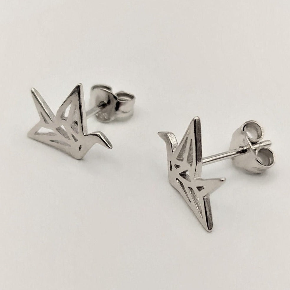 Pendientes de plata pájaro origami detalle
