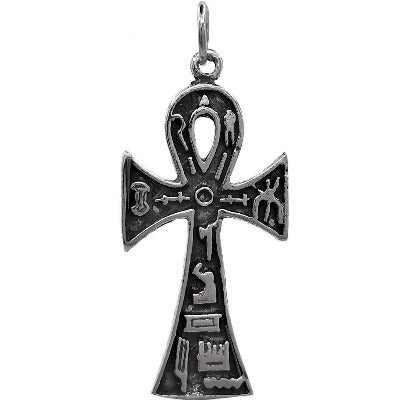 Cruz de la vida de plata efecto envejecido con grabados egipcios, 37 mm de alto.