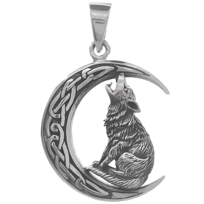 Colgante de plata lobo y luna runas vikingas