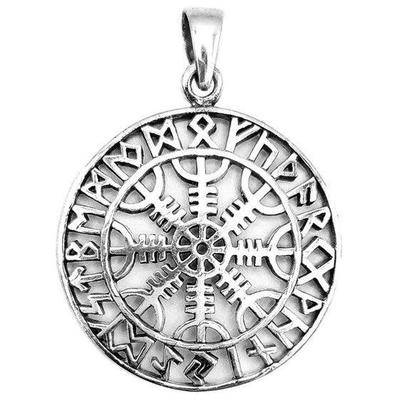 Colgante de plata de ley 925 brújula vikinga con dibujos de runas y diseño calado