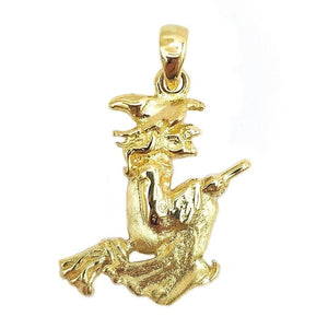 Colgante de oro de ley 18k en forma de bruja con escoba