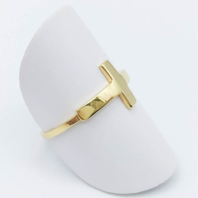 Anillo de oro de ley con cruz en acabado pulido brillante