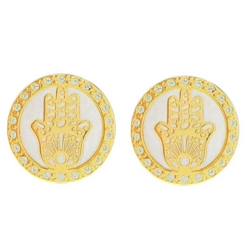 Par de pendientes de oro de ley 18k mano de Fátima con nácar grandes