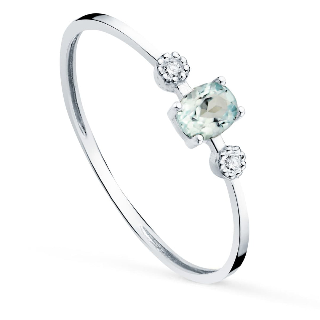 18K SORTIJA ORO blanco DIAMANTES 0.016 QTS. AGUAMARINA 4X3MM CUERPO 1 MM